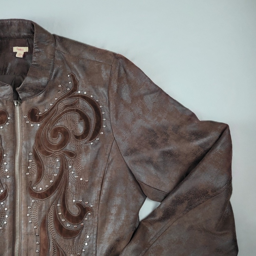 Reba Women's Faux Vegan Leather Jacket Sz L Studded Brown Western Zipper - Picture 2 of 16